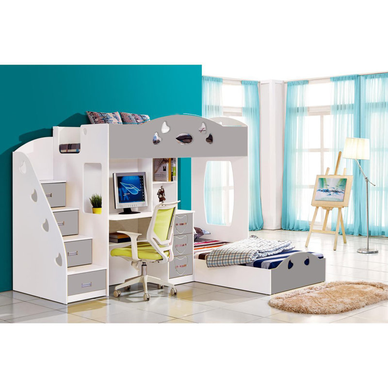 European Single LShaped Bunk Bed With Stairs And Furniture Set